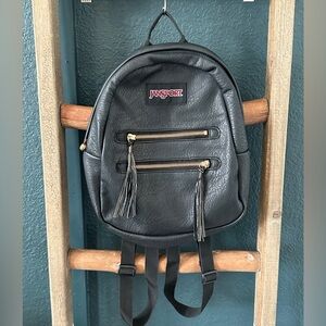 JanSport Black Mini Faux Leather Backpack with Gold Zippers